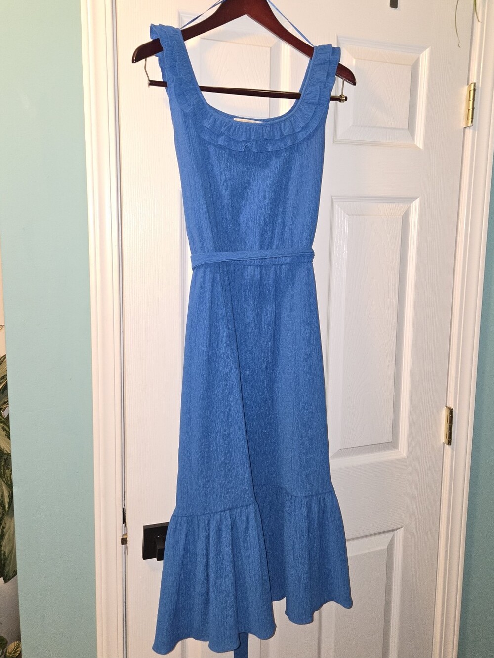 Michael Kors Cornflower Blue Ruffled Scoop Midi Dress